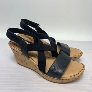 Women’s 9 M Born Strappy Black Cork Wedge Heel Sandals Leather Stretch Fabric